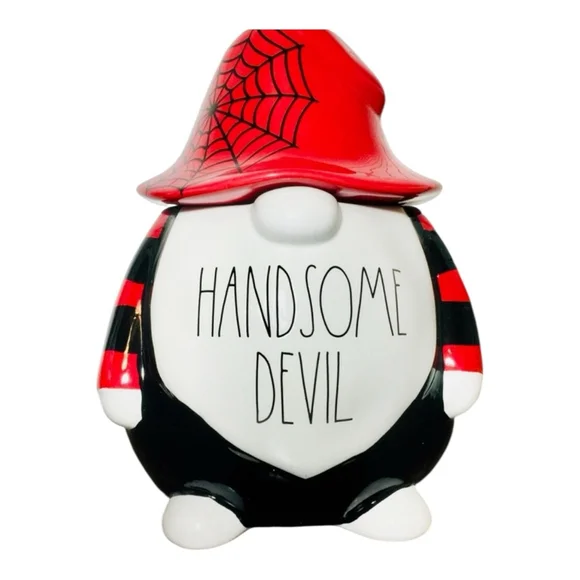 Rae Dunn Halloween Handsome Devil Gnome Canister 10 x 7.5’ Red Black - Picture 1 of 5